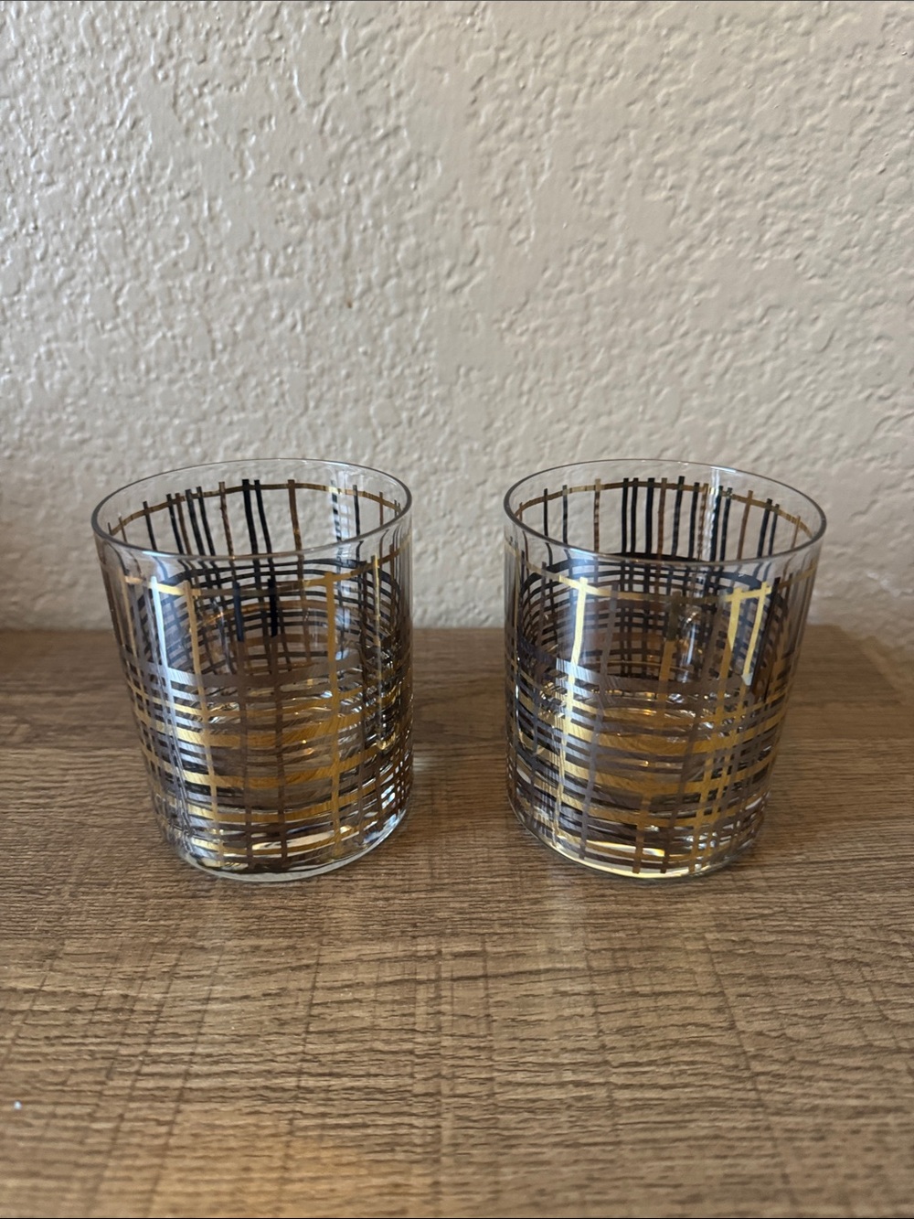 Set of 2 Decorative Gold & Black Patterned Glass Vases